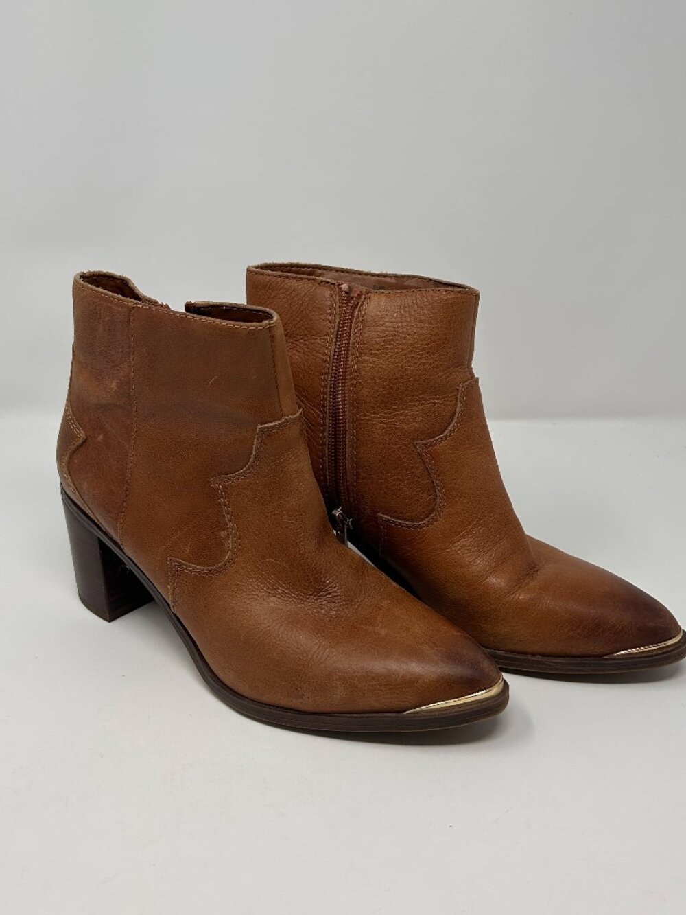Franco Sarto Bushwick Brown Leather Western Ankle Boots Gold Toe Women’s 6